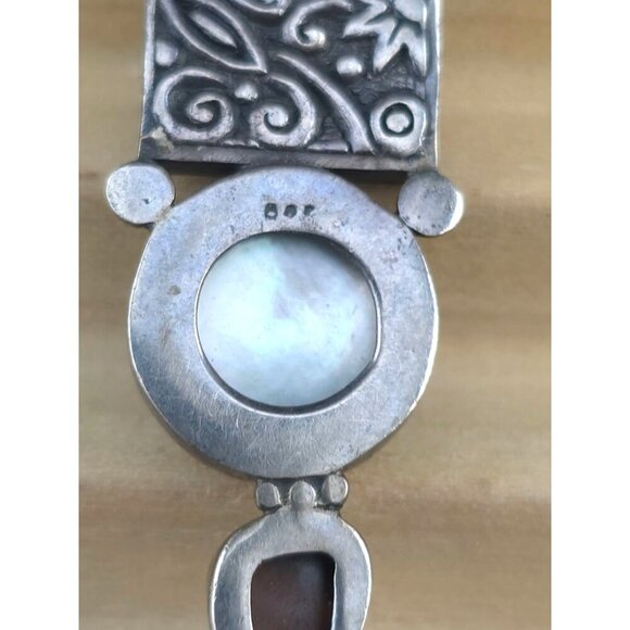 Vintage Sterling Silver Pendant Blue Pearl & Opal Artisan Intricate Engravings - Picture 4 of 8